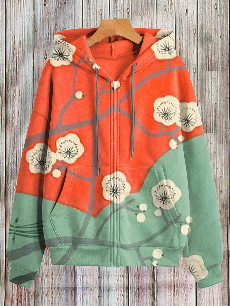 Women's Flowers Contrasting Color Art Print Hooded Zip Up Jacket
