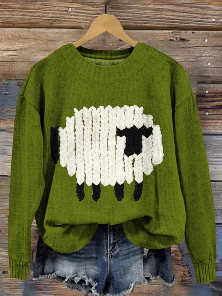 VChics Cute Knit Sheep Pattern Crew Neck Cozy Knit Sweater