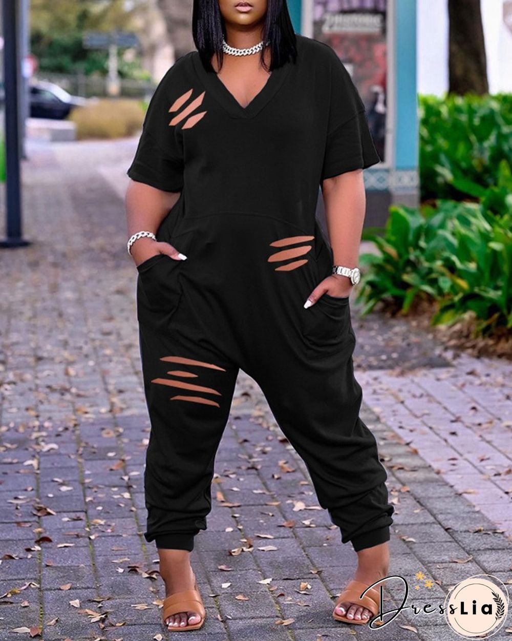 Pocket Design Cutout Short Sleeve Jumpsuit