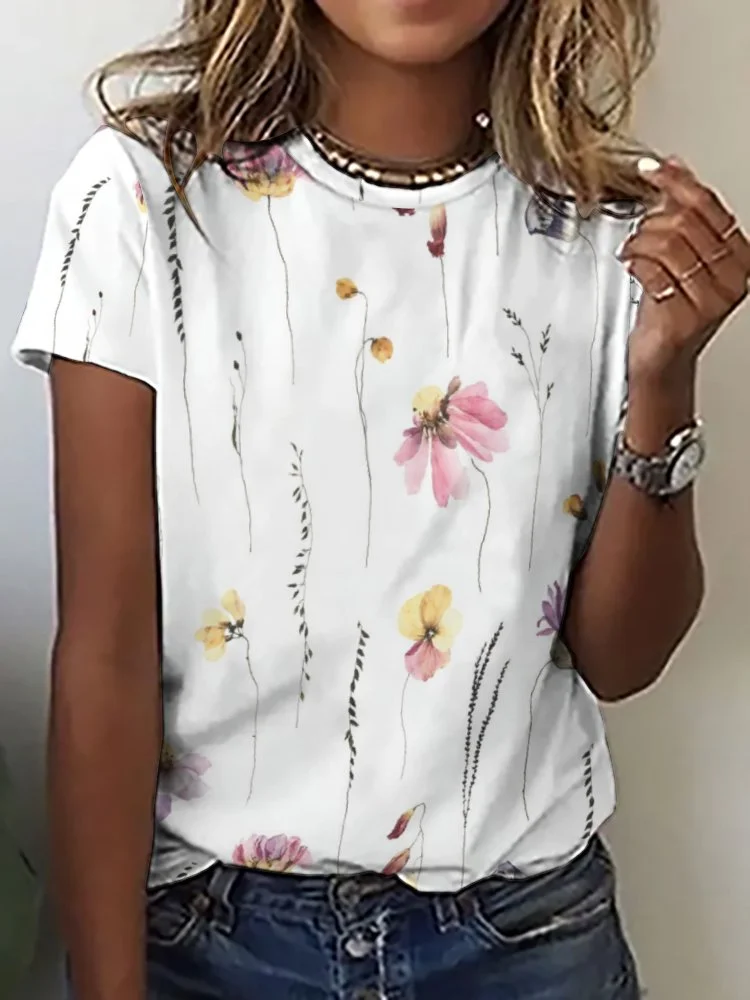 Printed Short Sleeve Casual T-shirt for  Women and Men Unisex Pattern Floral, Purple, Pink