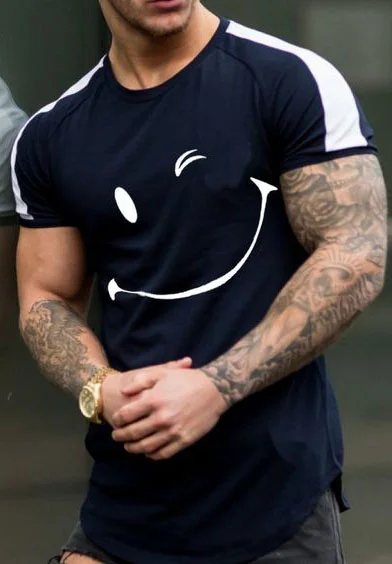 2023 Men's Hot Sale Fashionable Casual Round Neck Color Matching Smiley Face Short Sleeve T-Shirt Tops