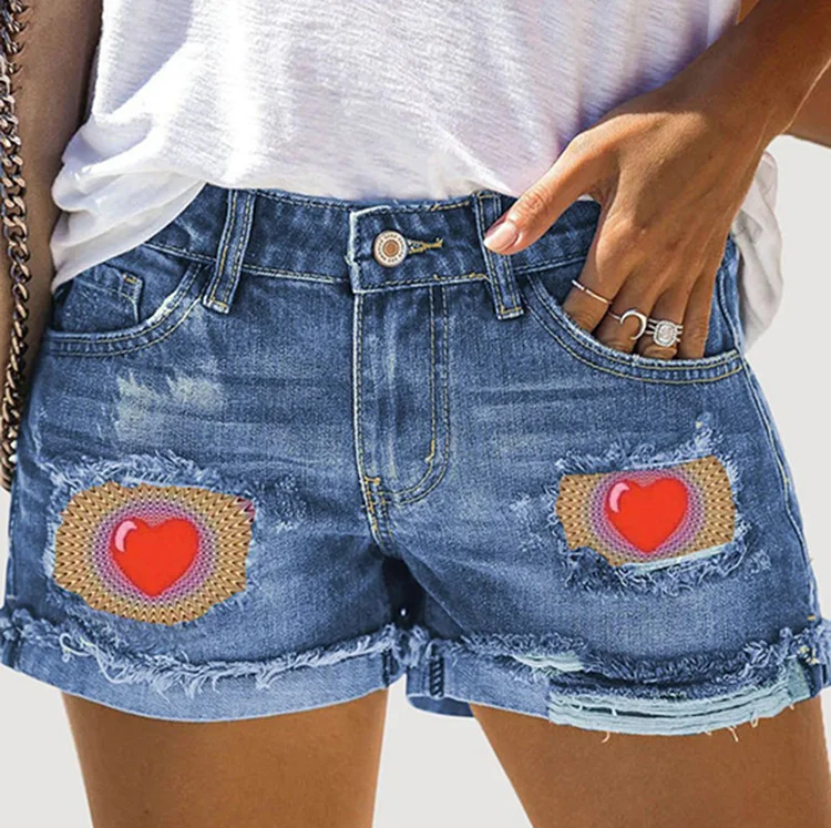 Printed Cuffed Ripped Denim Shorts