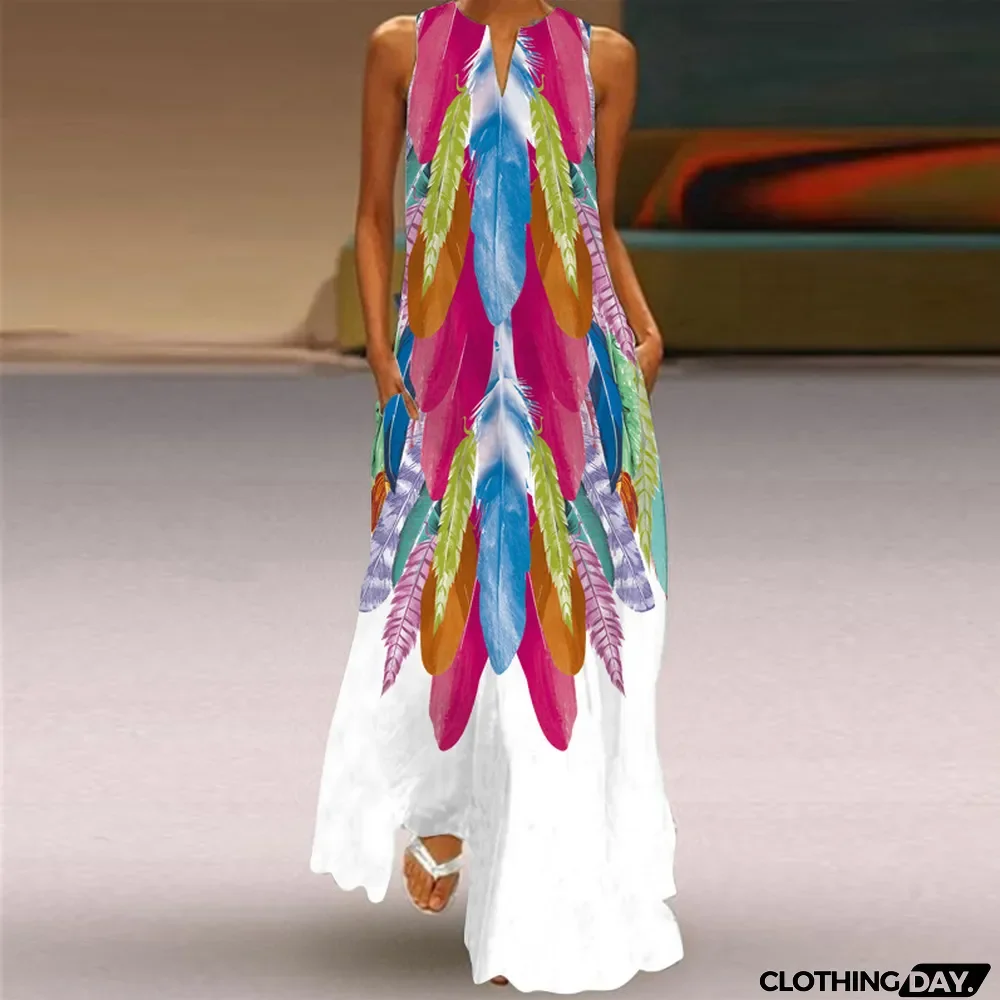 Summer Women's Fashion Sexy Digital Printing V-Neck Sleeveless Dress With Pockets