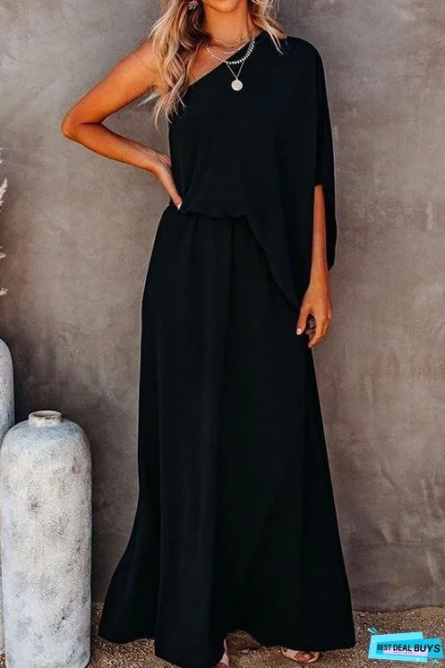 Meridress One Shoulder Batwing Sleeve Waisted Side Split Maxi Dress