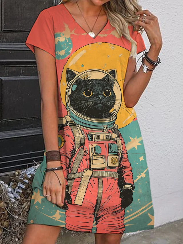 Women's Black Cat Astronaut Color Block Art Print V Neck Mini Dress