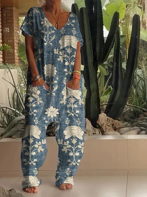 Casual Floral Print V Neck Loose Fit Jumpsuit