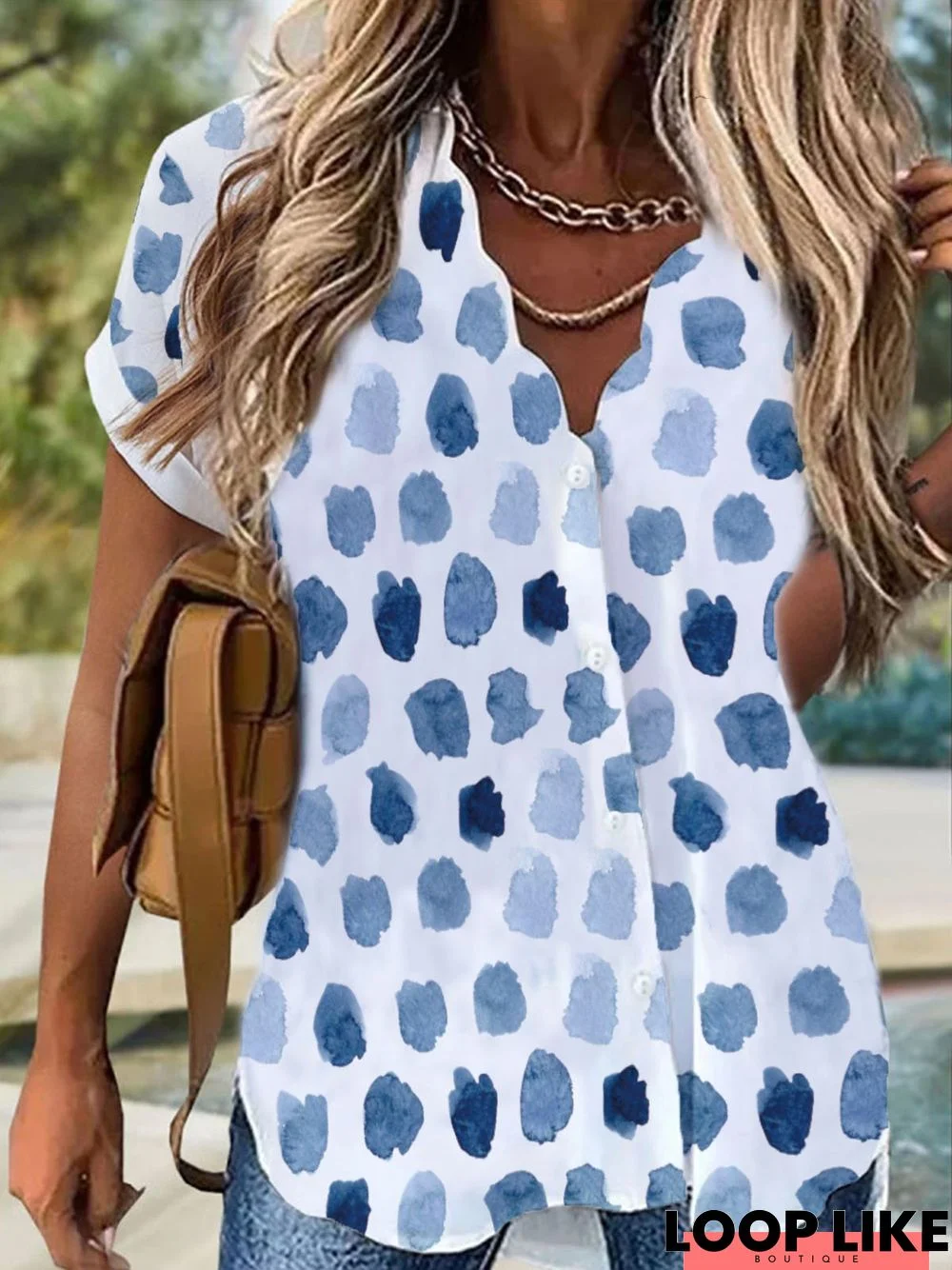 Polka Dots V Neck Buttoned Casual Short Sleeve Loosen Tunic Blouse