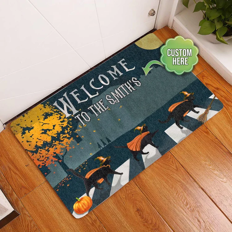 Personalized Halloween Doormat Custom Name Funny Cat Home Decor
