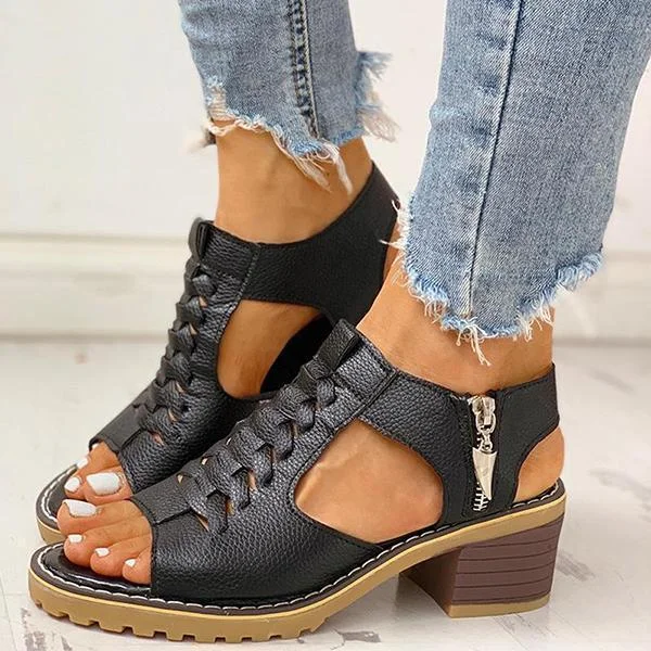 Sursell Shoes Peep Toe Cutout Zipper Chunky Heeled Sandals
