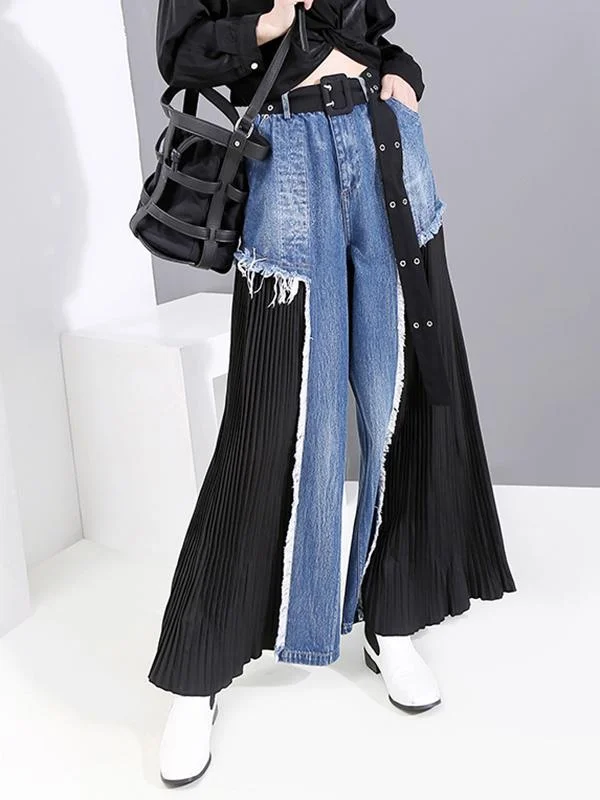 Loose Split-joint Pleated Jean Pants