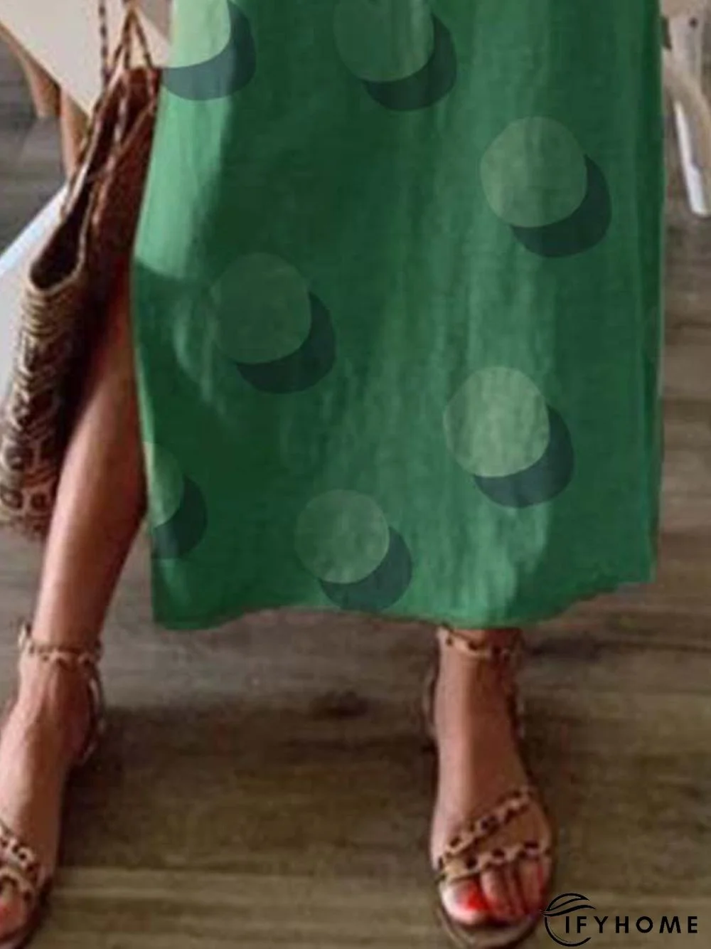 Green Polka Dots Short Sleeve Round Neck Knitting Dress | IFYHOME