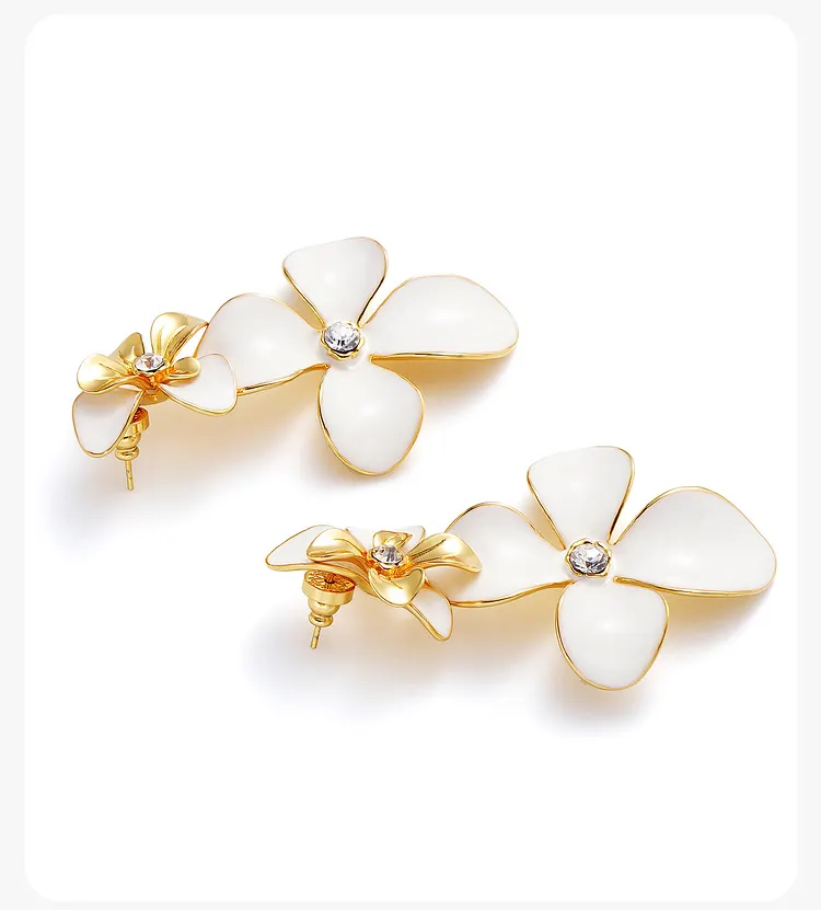 Golden Bloom Statement Earrings &ndash; Elegant White Floral Drop Earrings with Crystal Accents