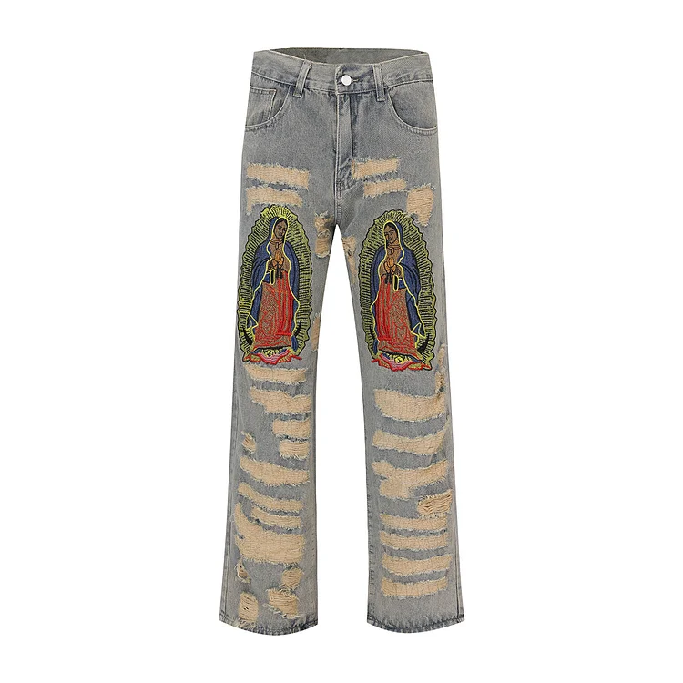 Street Ripped Embroidered Jeans Straight Leg Pants at Hiphopee