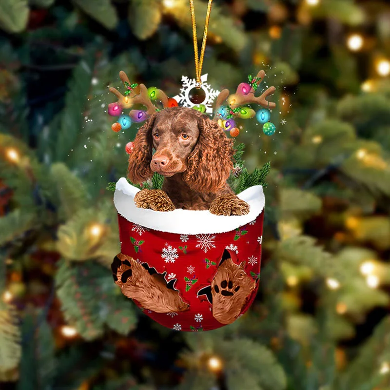 Boykin Spaniel In Snow Pocket Christmas Ornament.