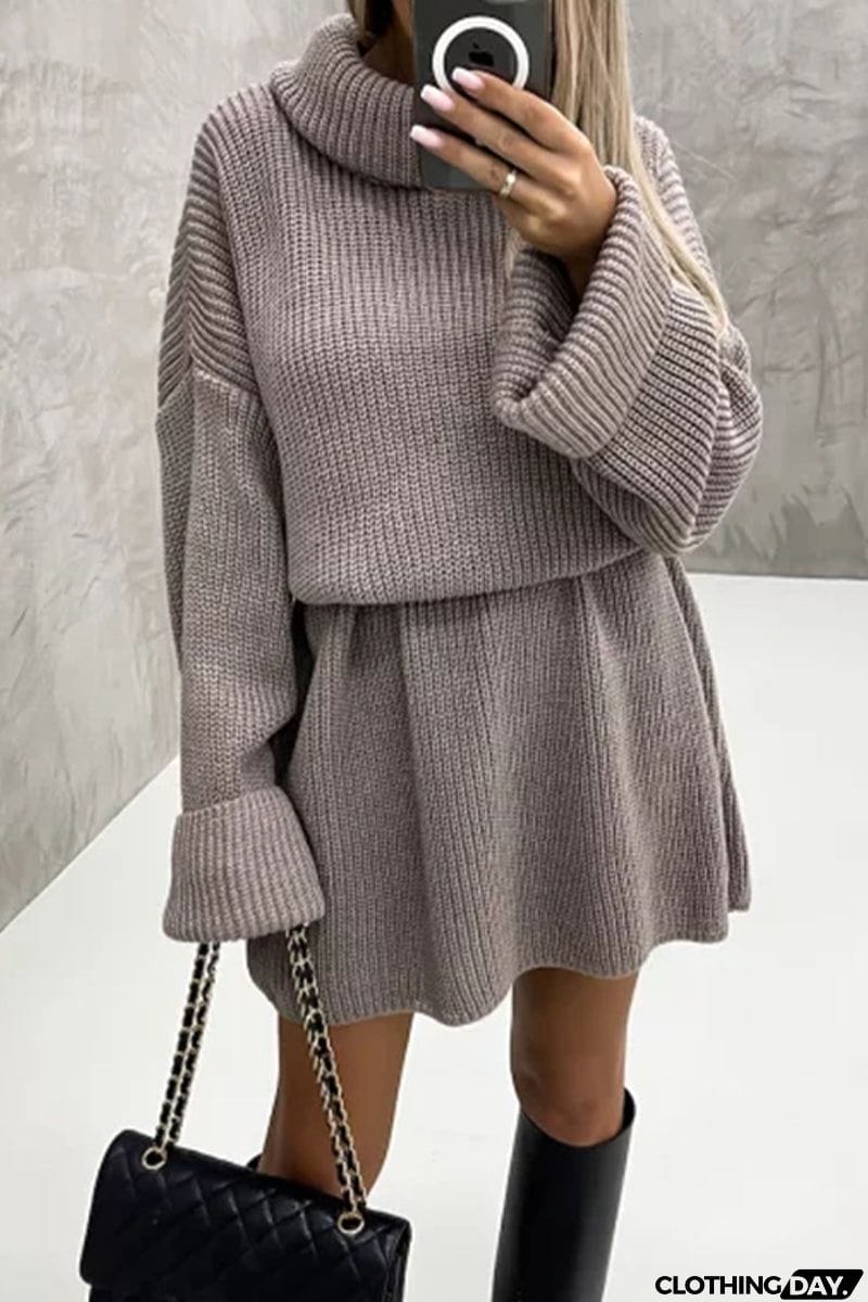 Elegant Solid Patchwork Turtleneck One Step Skirt Dresses