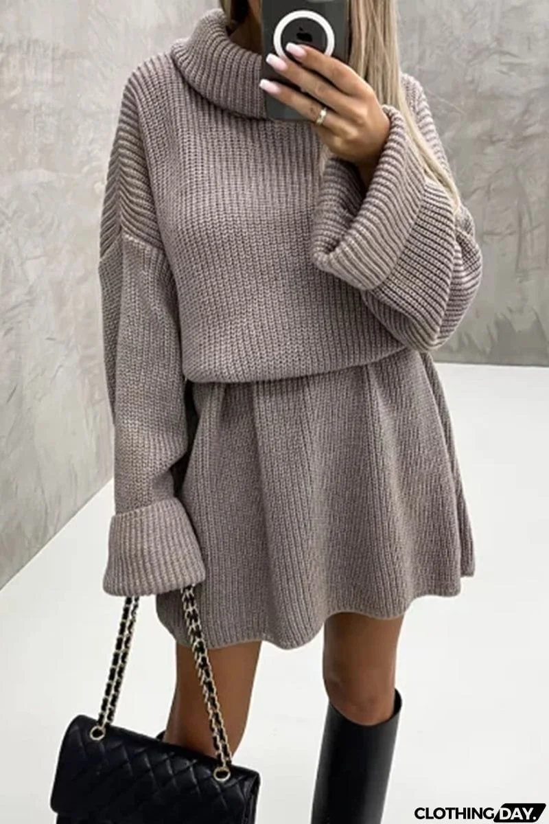 Elegant Solid Patchwork Turtleneck One Step Skirt Dresses