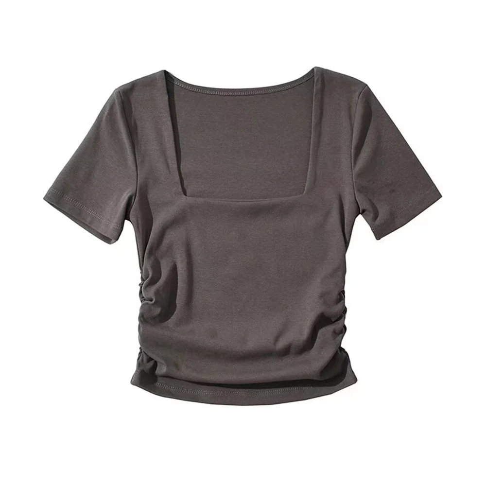 Mongw Trendy Women's T-Shirt Slim Style Square Collar Wrinkled Candy Color Short-Sleeved Elastic Blouse
