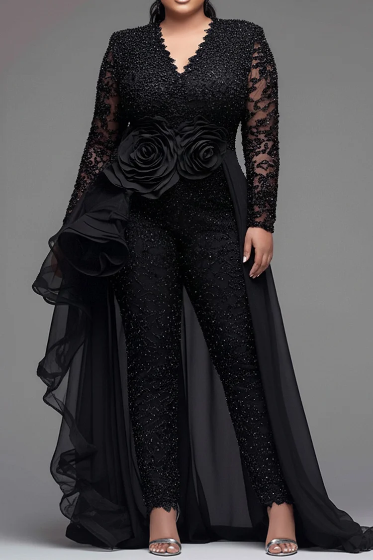 Xpluswear Design Plus Size Formal Tulle Black V Neck Lantern Sleeve Long Sleeve With Skirt Overlay Elegant 3D Lace Jumpsuits [Pre-Order]