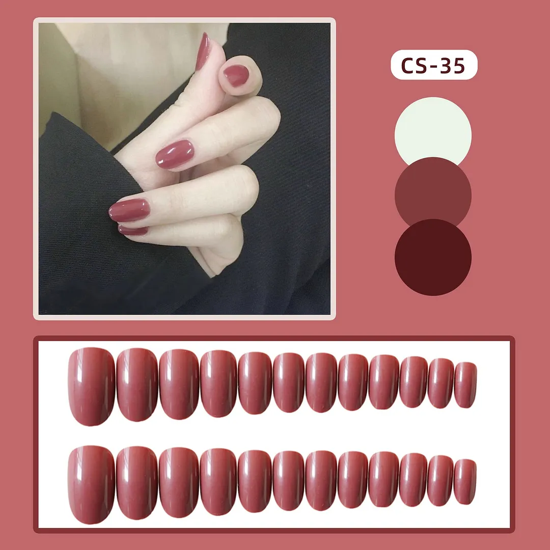 Girls Candy Pink Color False Nails Women Nature Nude Jelly Fake Nail Short Round Head Full Cover Nail Art Tips With Glue 24pcs-Nail Inspo