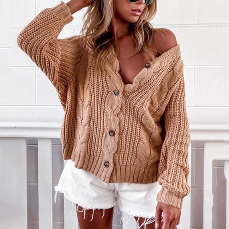 Autumn Winter Sweater V-Neck Long Sleeve Cardigan Casual Solid Color Sweater | EGEMISS