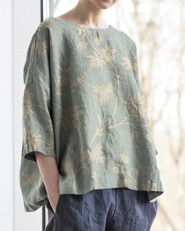 Vintage Floral Lace Embroidery Print Round Neck Cotton and Linen Loose Top