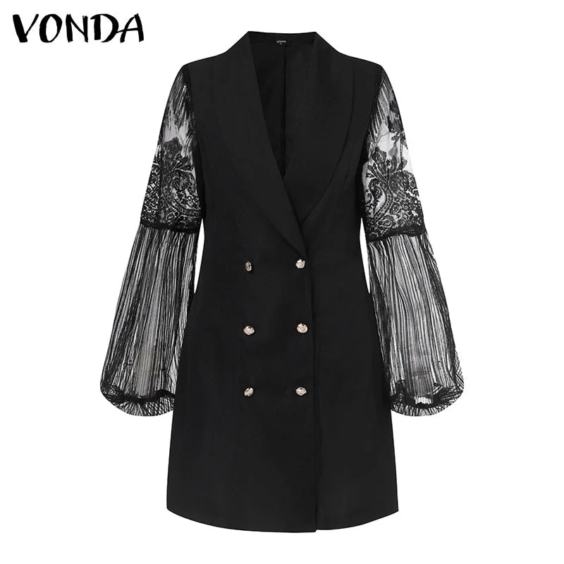 Elegant Office Suit Dress 2022 VONDA Women Sexy Lapel Solid Button Party Mini Dresses Mesh Patchwork Long Sleeve Pleated Vestido