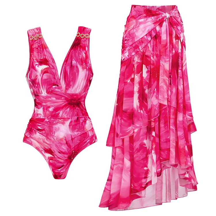 Floral Printed One Piece Swimsuit and Skirt 