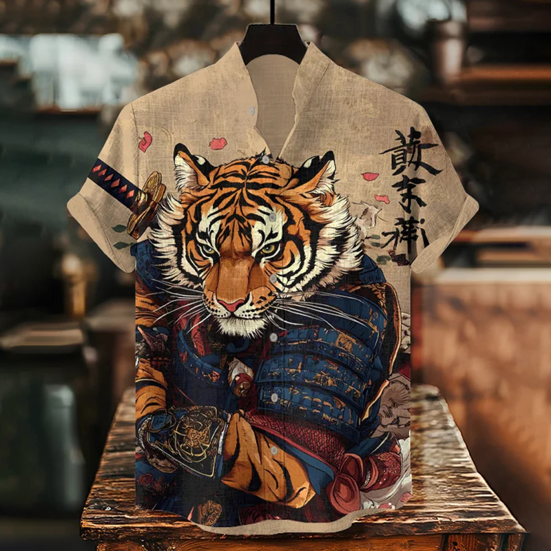 Men's Tiger Warrior Calligraphy Art Print Casual Shirt  artssus