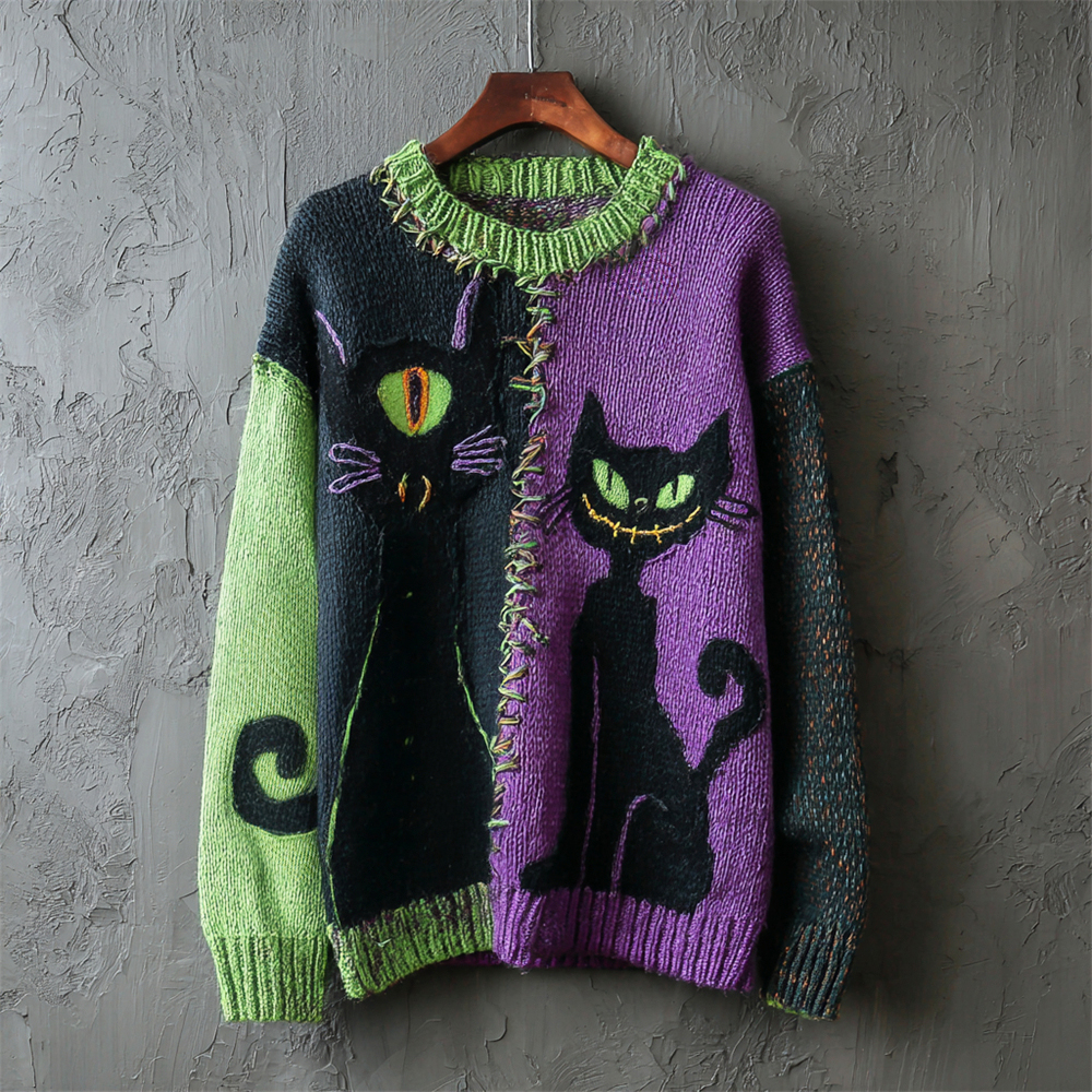 Halloween Monster Black Cat Color Blocking Women's Knitted Sweater elevenforest