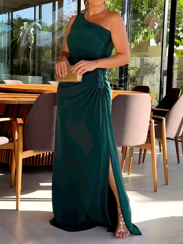 Asymmetric Drawstring Solid Color Sleeveless One-Shoulder Maxi Dresses