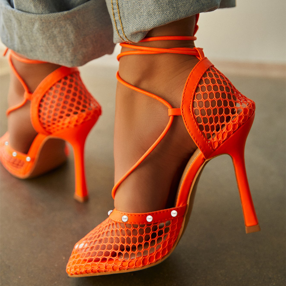 Orange  Mesh Designed Closed Square Toe Lace Up Sandals With Stiletto Heels Nicepairs