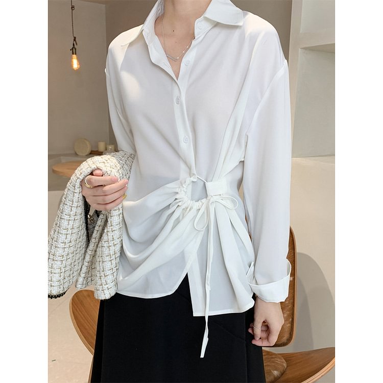 Solid Color Lace Up Turn down Collar Long Sleeve Irregular Shirt P1710631