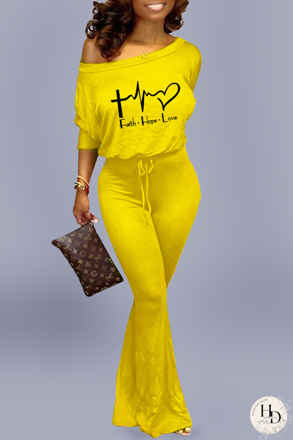 Red Casual Print Letter One Shoulder Boot Cut Jumpsuits