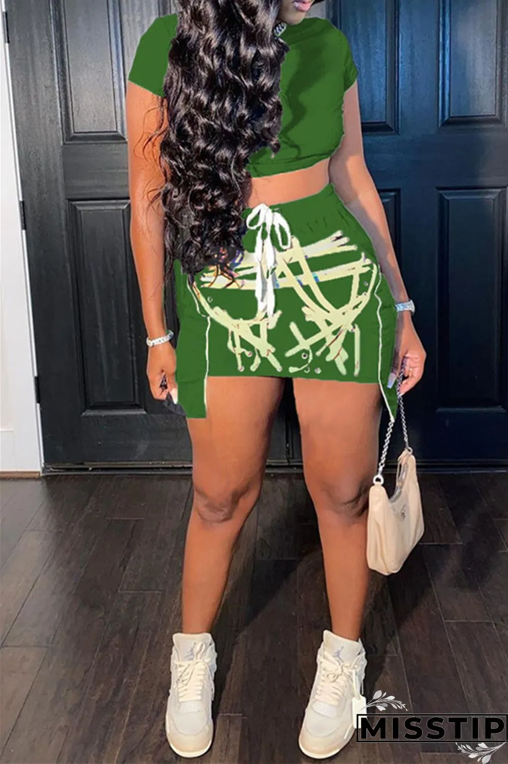 Green Fashion Sexy Print Asymmetrical O Neck Short Sleeve Two Pieces