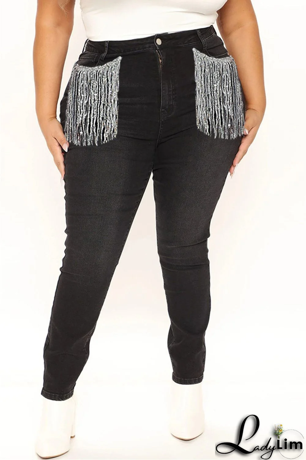 Light Blue Fashion Casual Solid Tassel Patchwork Mid Waist Skinny Denim Jeans