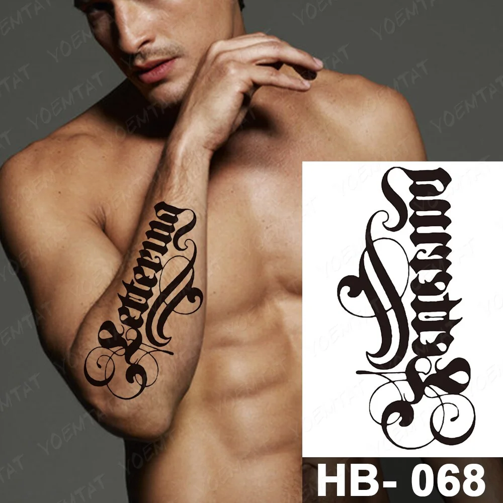 Black Word Waterproof Temporary Tattoo Sticker English Sanskrit Arabic Letter Language Totem Sexy Body Art Fake Tatto Women Men