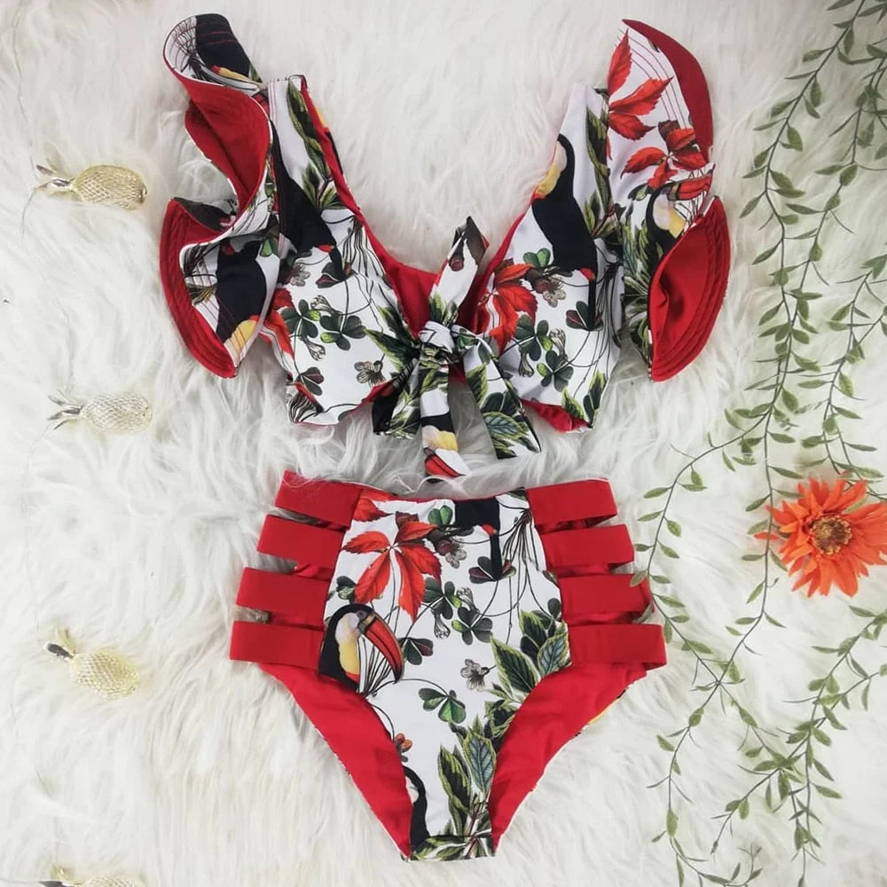 Two-Pieces Women Floral 2022 Push-Up Padded Bra Ruffles Bandage Bikini Set Swimsuit Swimwear Bathing Suit Beachwear Biquini