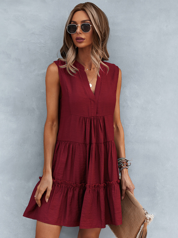 Mature Women Casual Summer Solid Color V-Neck Sleeveless Mini Dress