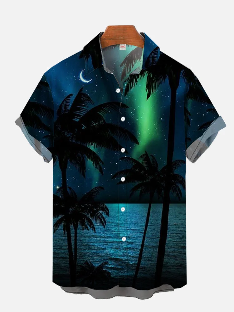 Hawaiian Summer Aurora Dark Night Palm Tree Printing Short Sleeve Shirt