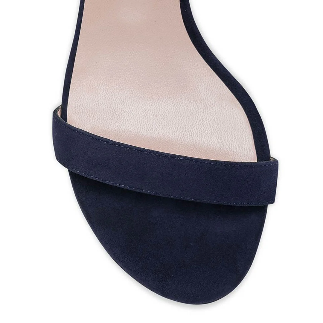 Navy Vegan Suede Round Toe Ankle Strap Heeled Sandals with Glitter