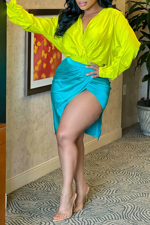 V-neck Fork-opening Skirt Set