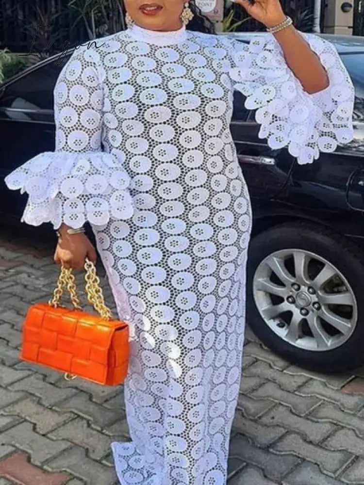Ingvn - New Fashion African Women Dresses Dashiki Elegant Maxi Long White Lace Hollow Out Muslim