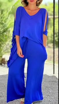 Women Lace-up 3/4 Sleeve,V-neck Loose Casual Solid Pants Wide-leg Suit