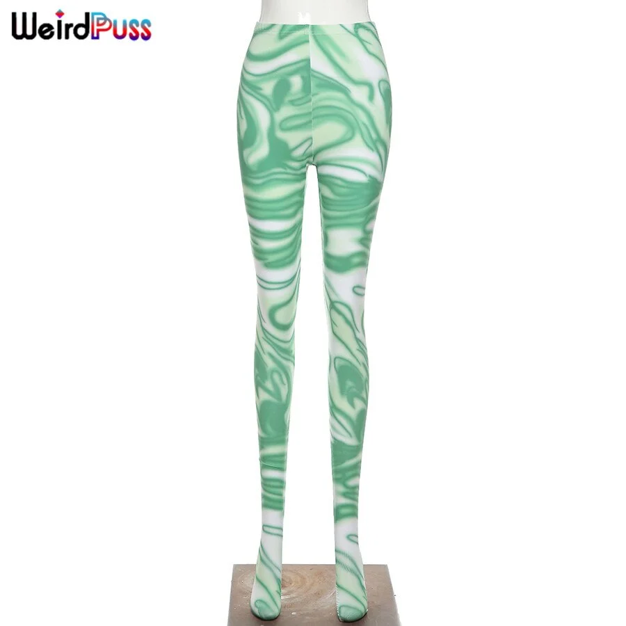 Weird Puss Asthetic Print Skinny Women Medium Waist Tights Pants Leggings 2021 Trend Stretchy Casual Streetwear Fitness Trousers