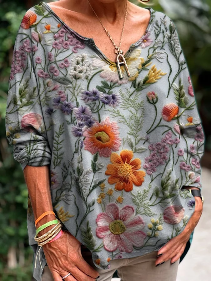 Women's Casual Floral Print V-Neck Top