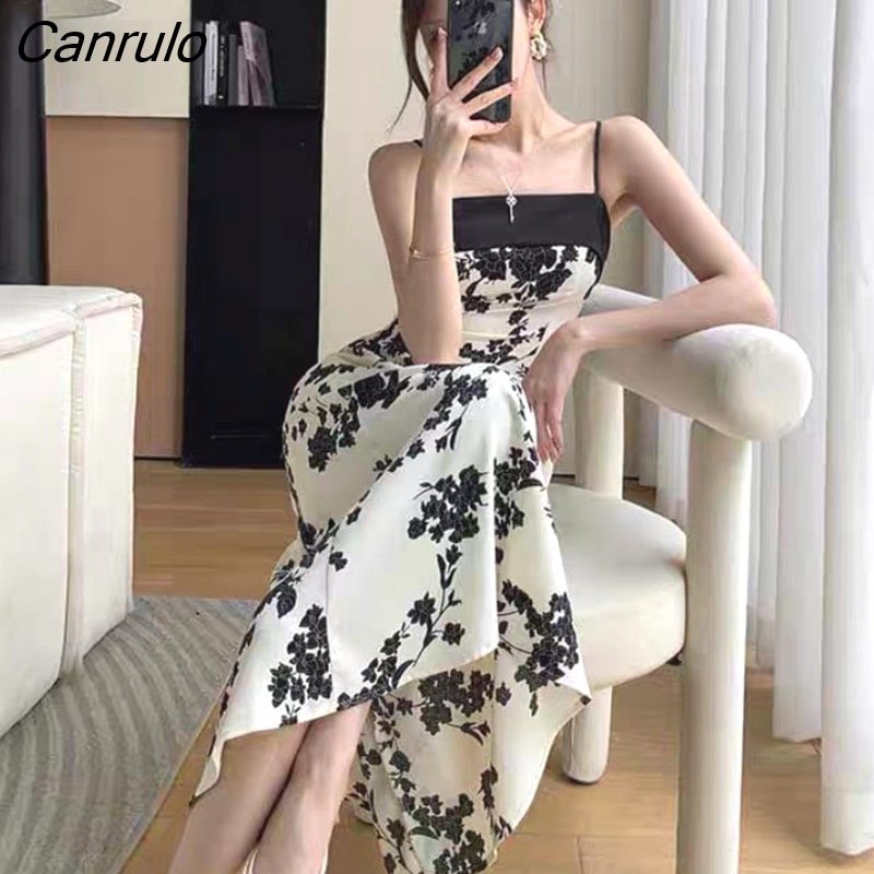 Canrulo Dresses Women Print Retro Temperament Daily Trendy Korean Style Femme Design Sleeveless Leisure Simple Summer Vestidos Sexy