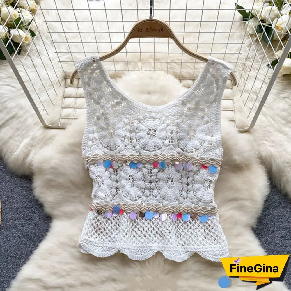 Boho Beach Crochet Hollow Out Sequin Vest Top Casual Shorts