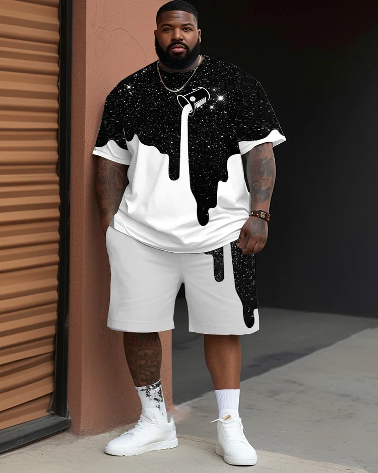 Men's Large Size Street Color Block Cartoon Graffiti Short-Sleeved Shorts Suit