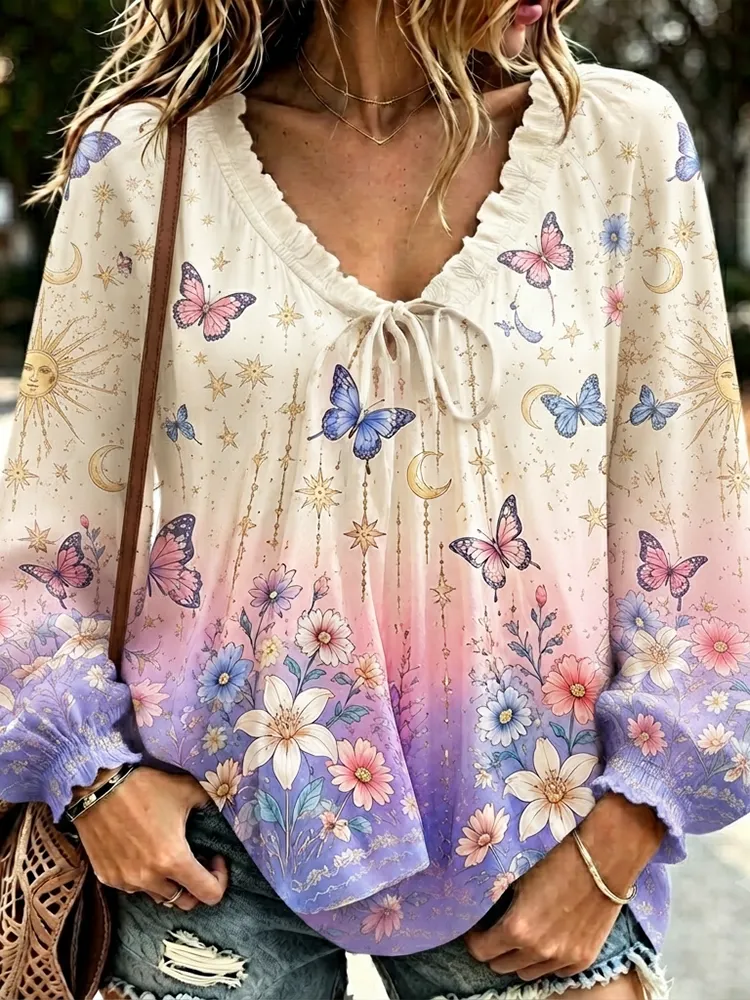 Comstylish Women's V-neck Long Sleeve Blouse With Drawstring, Ombre Gradient, Celestial Sun, And Floral Print