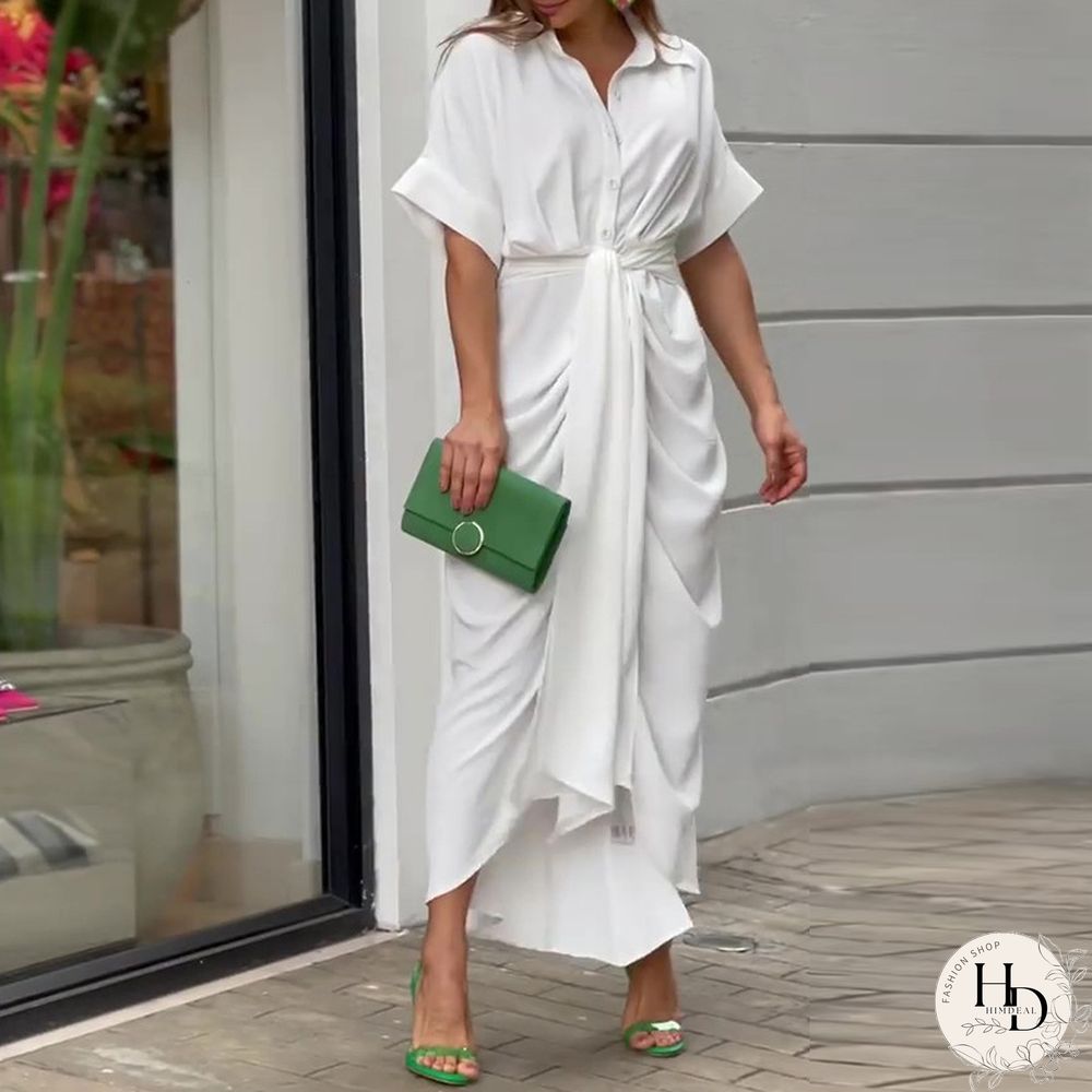 Lapel Mid Length Short Sleeve Single Breasted High Waist Shirt Dress